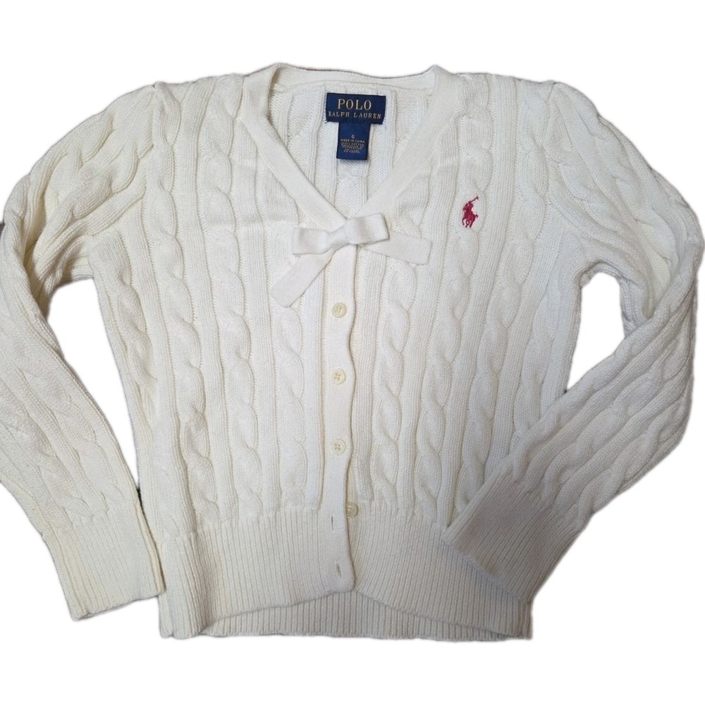 Polo Ralph Lauren Girls Sweater Cable Knit Cotton Cream Cardigan Sz 6 Pony Logo